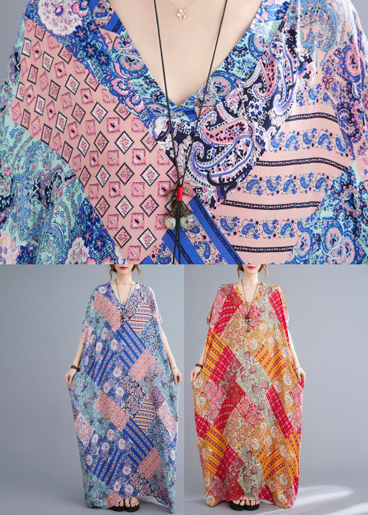 Fashion Pink Blue Print Cotton Beach Long Dresses Summer