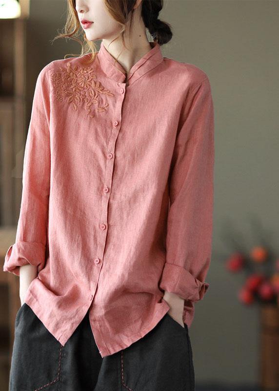 Fashion Pink Button Embroideried Fall Linen Tops Long Sleeve - SooLinen