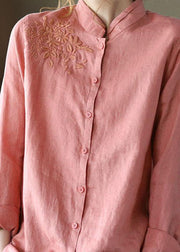 Fashion Pink Button Embroideried Fall Linen Tops Long Sleeve - SooLinen