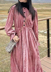 Fashion Pink Button Patchwork Velour Long Dresses Spring