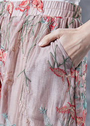 Fashion Pink Elastic Waist Embroidered Silk Harem Pants Summer