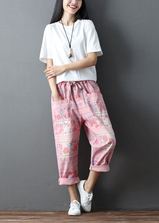 Fashion Pink Elastic Waist Print Pockets Cotton Harem Pants Spring