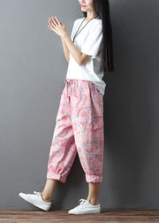 Fashion Pink Elastic Waist Print Pockets Cotton Harem Pants Spring
