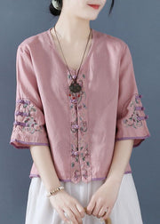 Fashion Pink Embroidered Button Shirts Half Sleeve