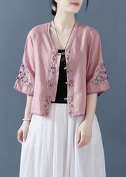 Fashion Pink Embroidered Button Shirts Half Sleeve