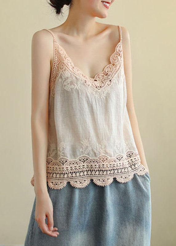 Fashion Pink Embroideried Lace Hollow Out Summer Cotton Vest Sleeveless - SooLinen