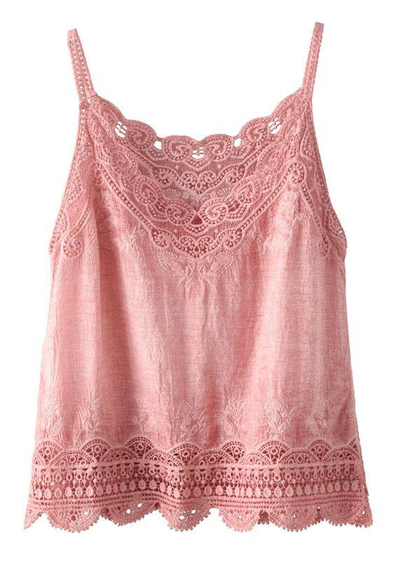 Fashion Pink Embroideried Lace Hollow Out Summer Cotton Vest Sleeveless - SooLinen