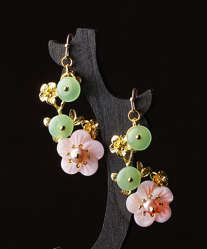 Fashion Pink Green Pearl Shell Flower Chalcedony Drop Earrings