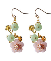 Fashion Pink Green Pearl Shell Flower Chalcedony Drop Earrings