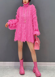 Fashion Pink Hign Neck Tassel Chunky Knit Sweater Winter