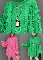 Fashion Pink Hign Neck Tassel Chunky Knit Sweater Winter