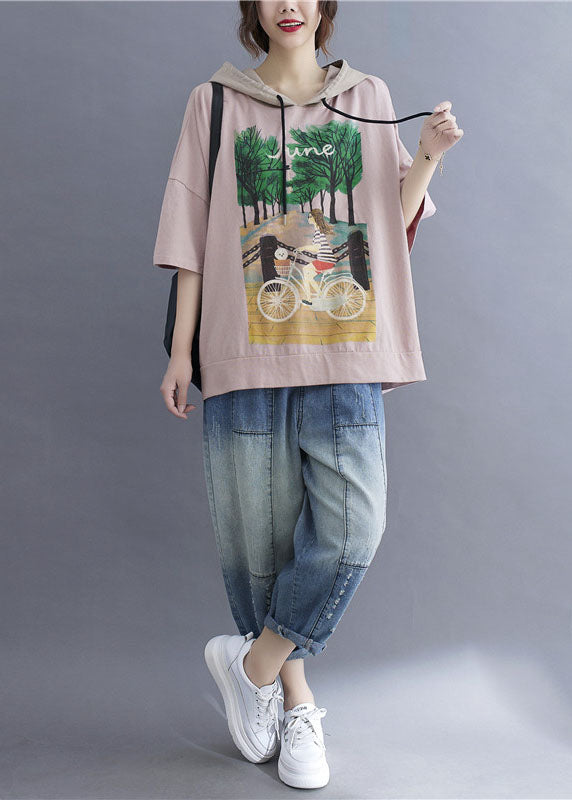 Fashion Pink Hooded Print Patchwork Cotton T Shirt Tops Summer