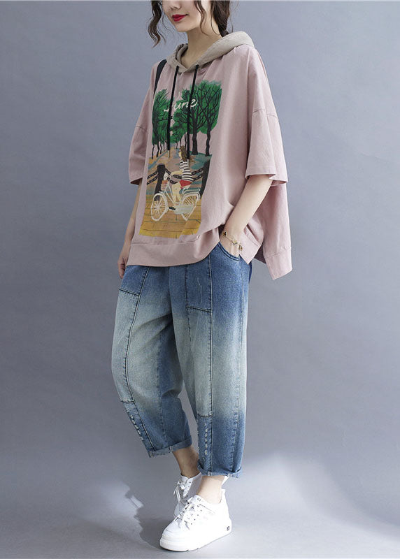Fashion Pink Hooded Print Patchwork Cotton T Shirt Tops Summer
