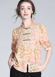 Fashion Pink Lace Embroidered Patchwork Silk Blouse Tops Spring