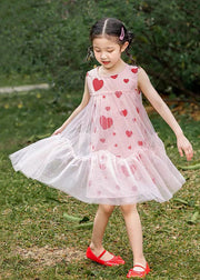 Fashion Pink Love Print Patchwork Wrinkled Tulle Kids Long Dresses Summer