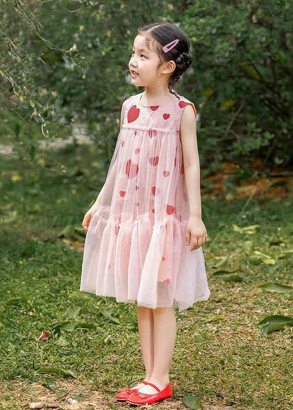 Fashion Pink Love Print Patchwork Wrinkled Tulle Kids Long Dresses Summer