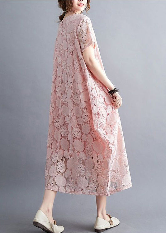 Fashion Pink O-Neck Embroidered Lace Dress Summer