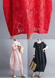 Fashion Pink O-Neck Embroidered Lace Dress Summer