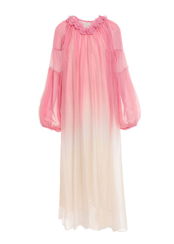 Fashion Pink O-Neck Gradient Color Embroidered Hoold Silk Maxi Dresses Long Sleeve