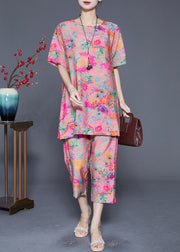 Fashion Pink O-Neck Print Linen Silk 2 Piece Outfit Summer