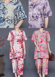 Fashion Pink O-Neck Print Linen Silk 2 Piece Outfit Summer