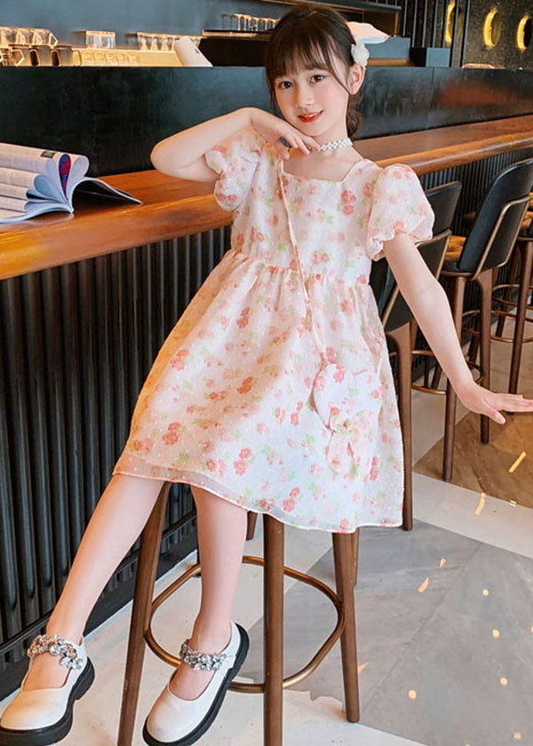 Fashion Pink O Neck Print Patchwork Chiffon Kids Girls Princess Dress Summer