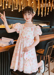 Fashion Pink O Neck Print Patchwork Chiffon Kids Girls Princess Dress Summer