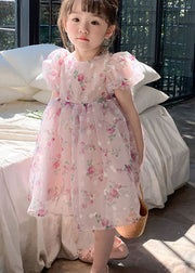 Fashion Pink O Neck Print Wrinkled Patchwork Tulle Kids Girls Dresses Summer