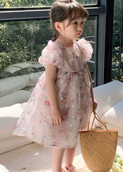 Fashion Pink O Neck Print Wrinkled Patchwork Tulle Kids Girls Dresses Summer