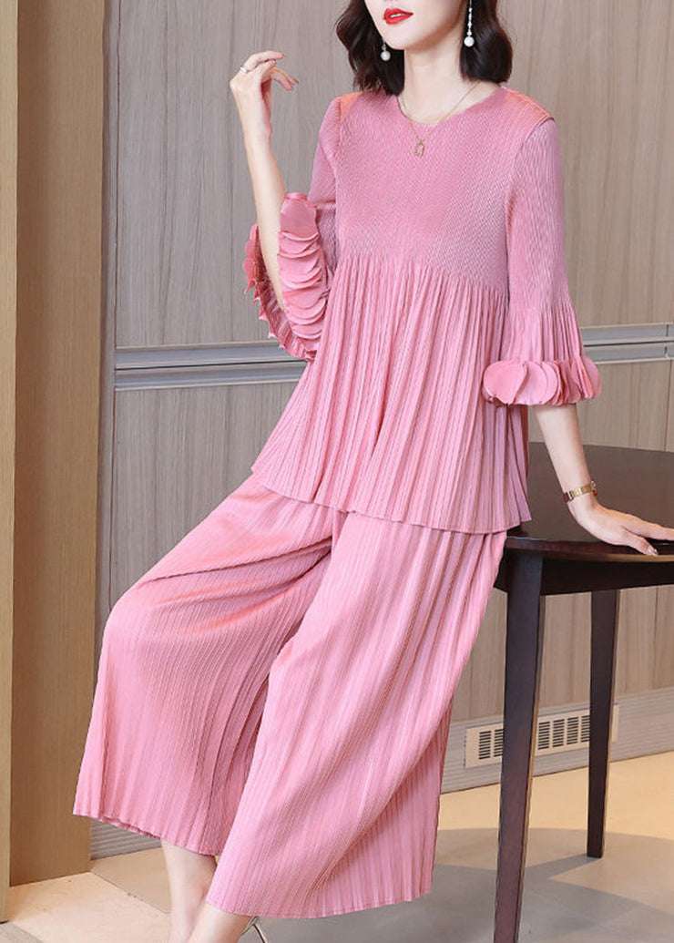Fashion Pink O-Neck Wrinkled Two Piece Set Outfits Flare Sleeve