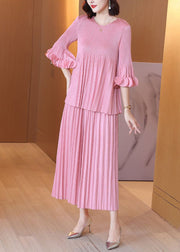 Fashion Pink O-Neck Wrinkled Two Piece Set Outfits Flare Sleeve