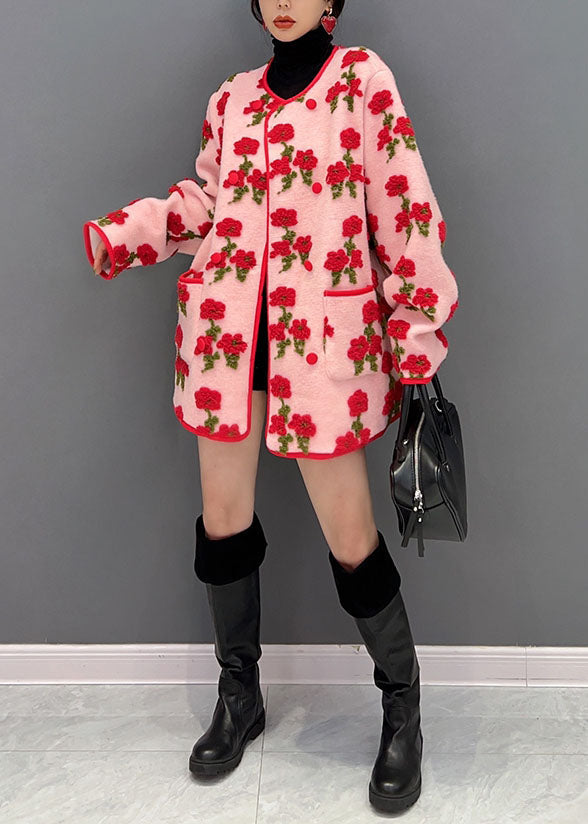 Fashion Pink Oversized Floral Jacquard Fluffy Coats Spring
