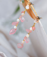 Fashion Pink Petal Crystal 14K Gold Drop Earrings