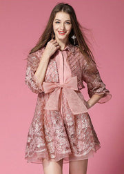 Fashion Pink Peter Pan Collar Bow Organza Day Dress Spring