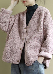 Fashion Pink Pockets Button Casual Fall Winter Thick Coats Faux Fur