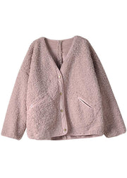 Fashion Pink Pockets Button Casual Fall Winter Thick Coats Faux Fur