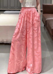 Fashion Pink Pockets Jacquard Silk High Waist Wide Leg Pants Fall