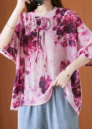 Fashion Pink Print Short Sleeve Summer Cotton Shirt Top - SooLinen