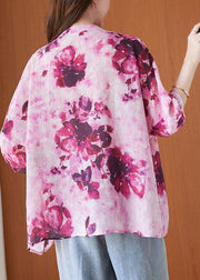 Fashion Pink Print Short Sleeve Summer Cotton Shirt Top - SooLinen