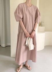 Fashion Pink Puff Sleeve Patchwork Cotton Vacation Dresses Spring