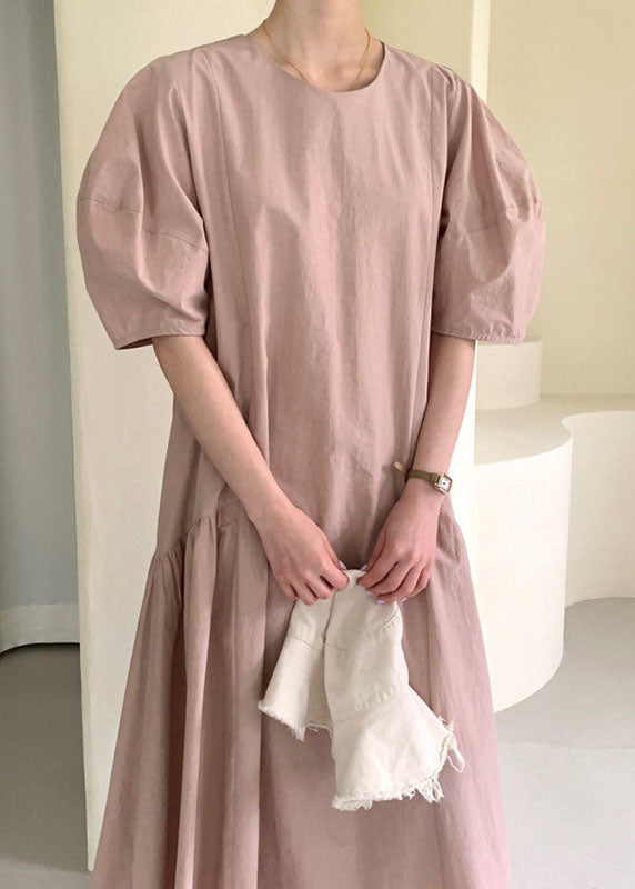 Fashion Pink Puff Sleeve Patchwork Cotton Vacation Dresses Spring