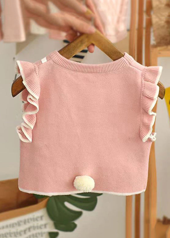 Fashion Pink Ruffled Embroidered Knit Kids Waistcoat Sleeveless