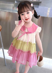 Fashion Pink Ruffled Patchwork Cotton Kids Vacation Mid Dress Sleeveless
