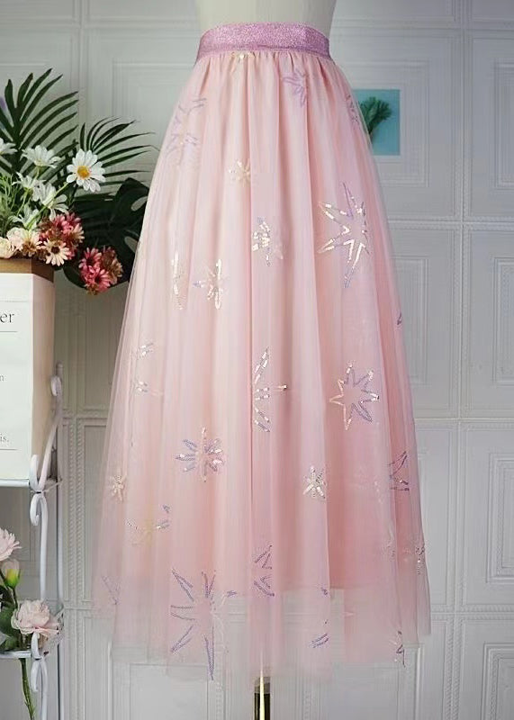 Fashion Pink Sequins Embroidered Elastic Waist Tulle Skirt Spring
