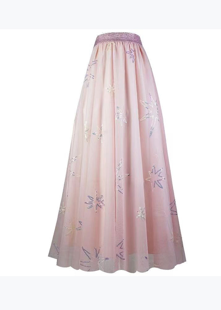 Fashion Pink Sequins Embroidered Elastic Waist Tulle Skirt Spring