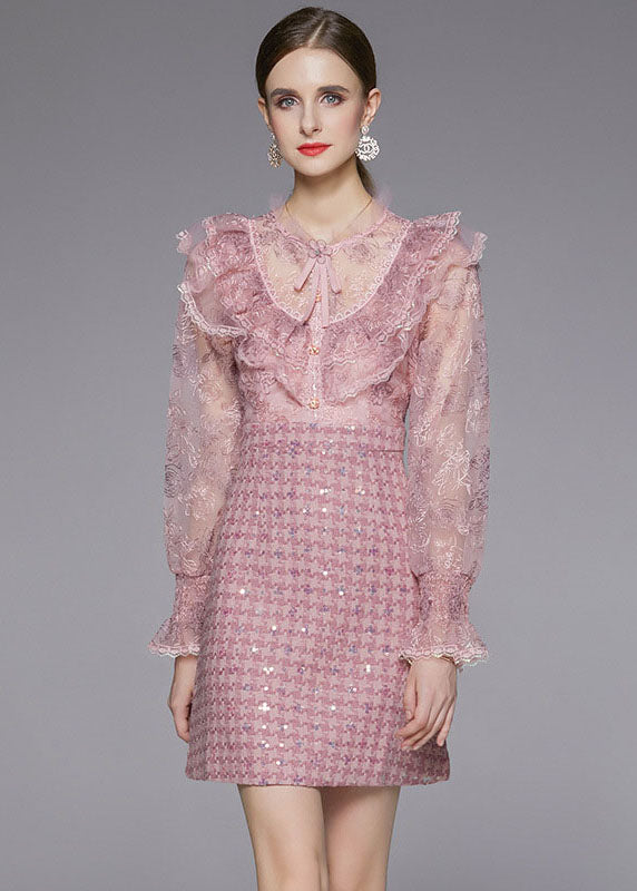 Fashion Pink Sequins Embroidered Patchwork Ruffles Dress Fall