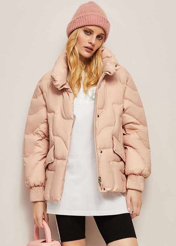 Fashion Pink Stand Collar Zippered Lazy Duck Down Down Coats Winter