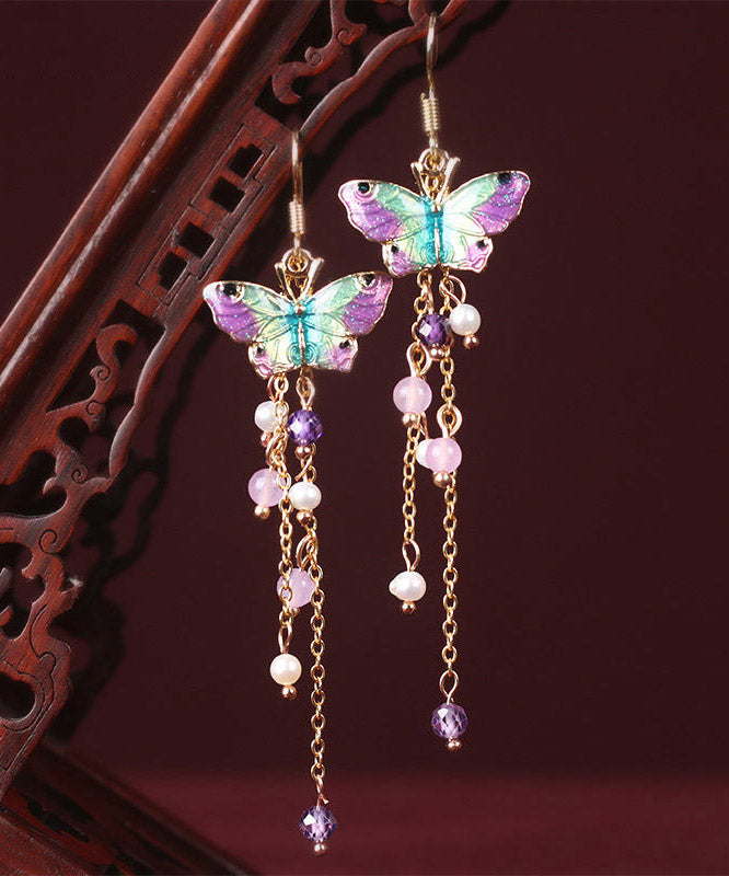 Fashion Pink Sterling Silver Pearl Chalcedony Butterfly Tassel Drop Earrings