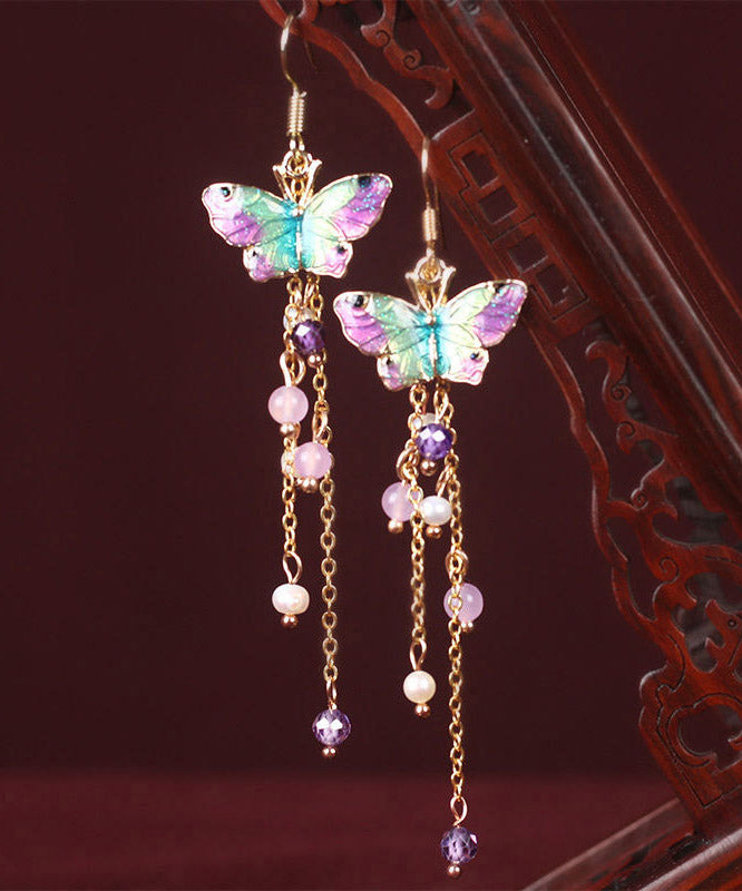 Fashion Pink Sterling Silver Pearl Chalcedony Butterfly Tassel Drop Earrings