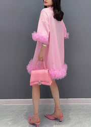Fashion Pink Tulle Patchwork Solid Mid Dresses Summer